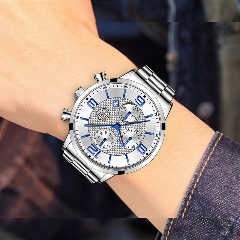 Luxury Business Men’s Watch – Stainless Steel & Leather Quartz Wristwatch with Calendar and Luminous Display