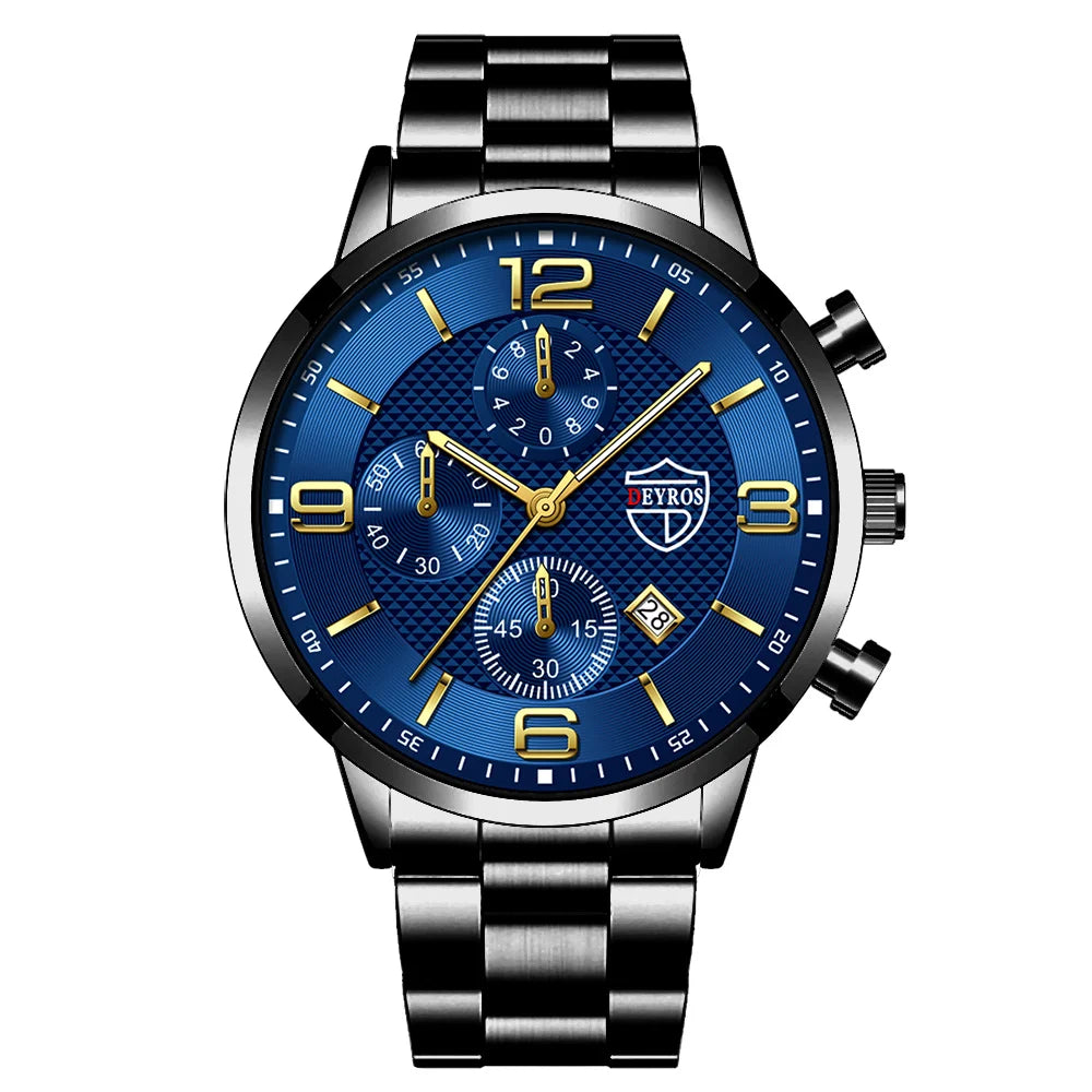 Luxury Business Men’s Watch – Stainless Steel & Leather Quartz Wristwatch with Calendar and Luminous Display