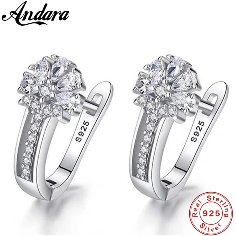 925 Sterling Silver Flower Earrings – Zircon Crystal Inlaid Fine Jewelry for Women, Engagement & Wedding Gift