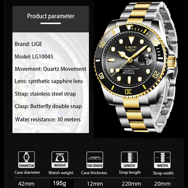 LIGE Men’s Luxury Diver Watch – Waterproof Sport Quartz Wristwatch with Date DisplayMen’s Sport Quartz Watch