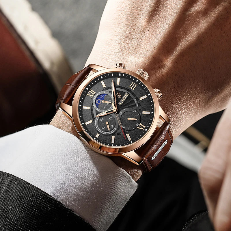 LIGE 2025 Men’s Luxury Leather Quartz Watch – Sport Waterproof Casual Wristwatch with Gift Box