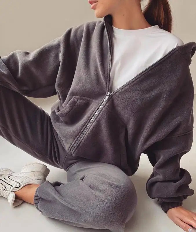 2025 Casual Women Fleece Hoodie Two-Piece Set – Hooded Zipper Outerwear & Harem Pants Suit | Winter Fashion Streetwear Tracksuit