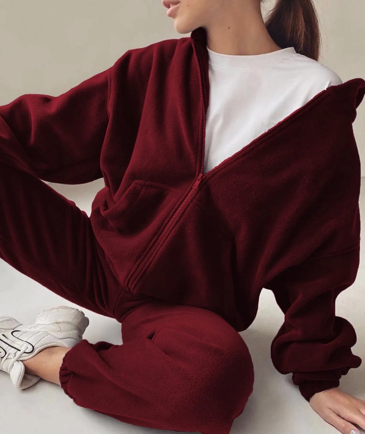 2025 Casual Women Fleece Hoodie Two-Piece Set – Hooded Zipper Outerwear & Harem Pants Suit | Winter Fashion Streetwear Tracksuit