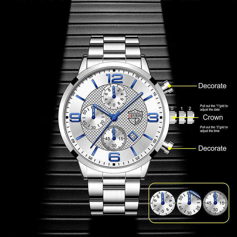 Luxury Business Men’s Watch – Stainless Steel & Leather Quartz Wristwatch with Calendar and Luminous Display