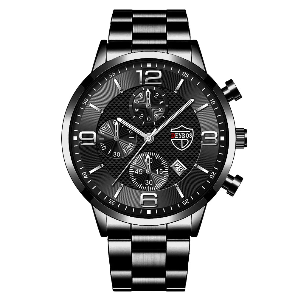 Luxury Business Men’s Watch – Stainless Steel & Leather Quartz Wristwatch with Calendar and Luminous Display