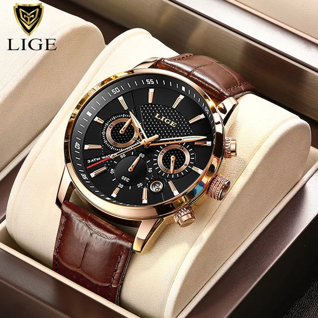 LIGE 2025 Men’s Luxury Leather Quartz Watch – Sport Waterproof Casual Wristwatch with Gift Box