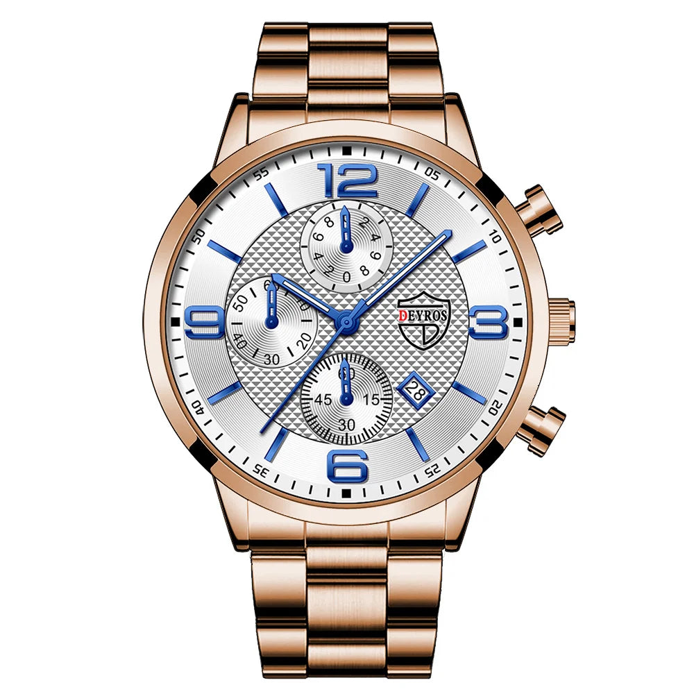 Luxury Business Men’s Watch – Stainless Steel & Leather Quartz Wristwatch with Calendar and Luminous Display