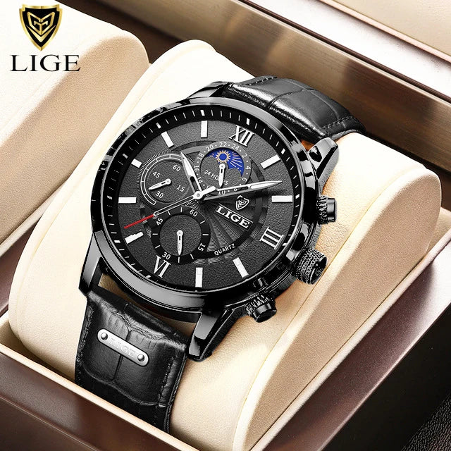 LIGE 2025 Men’s Luxury Leather Quartz Watch – Sport Waterproof Casual Wristwatch with Gift Box