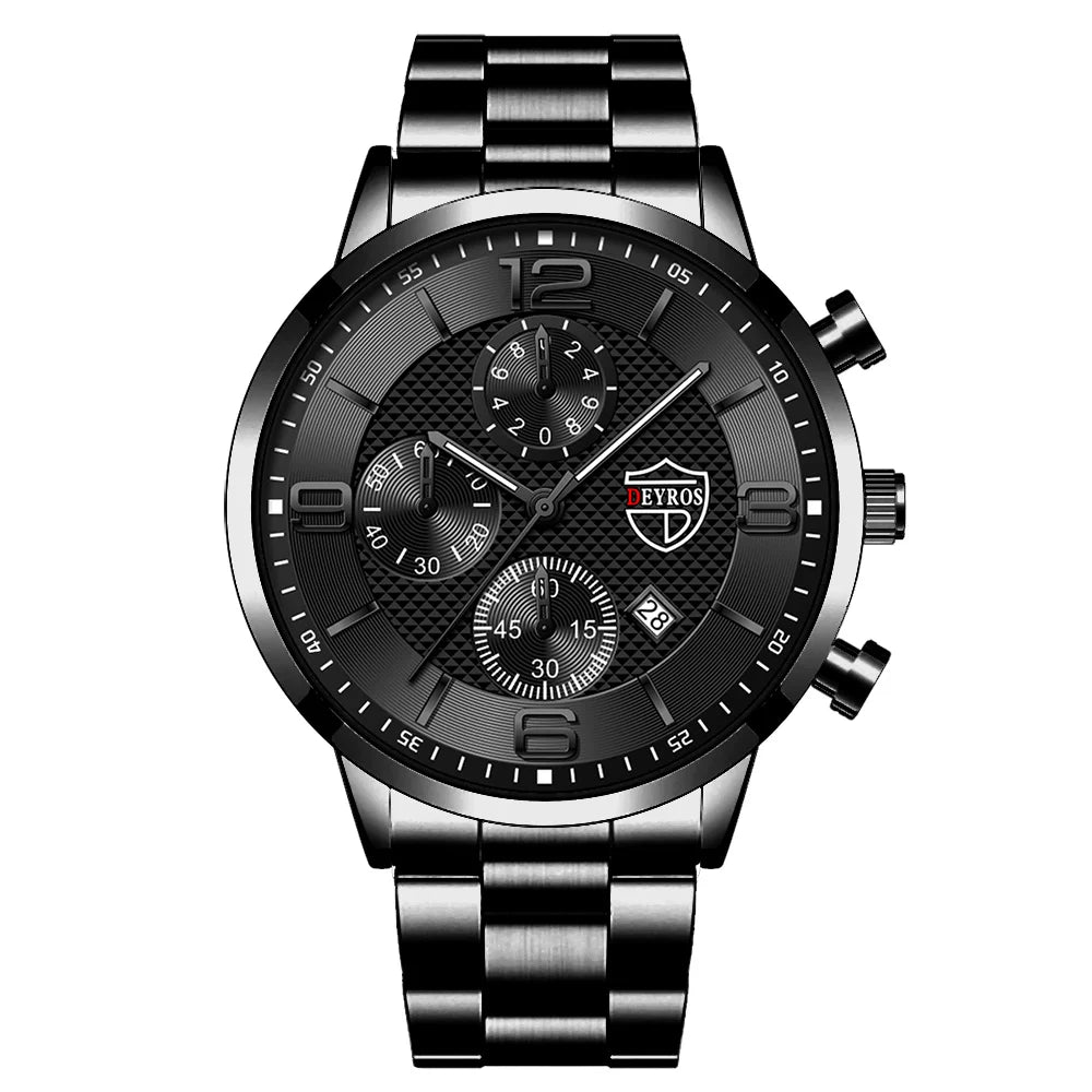 Luxury Business Men’s Watch – Stainless Steel & Leather Quartz Wristwatch with Calendar and Luminous Display