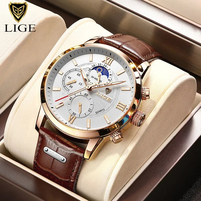 LIGE 2025 Men’s Luxury Leather Quartz Watch – Sport Waterproof Casual Wristwatch with Gift Box
