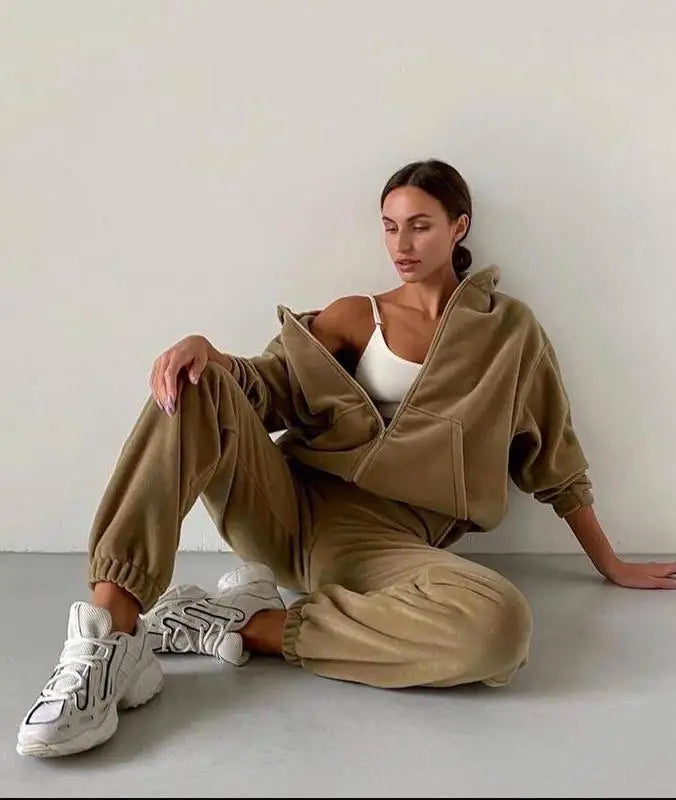 2025 Casual Women Fleece Hoodie Two-Piece Set – Hooded Zipper Outerwear & Harem Pants Suit | Winter Fashion Streetwear Tracksuit