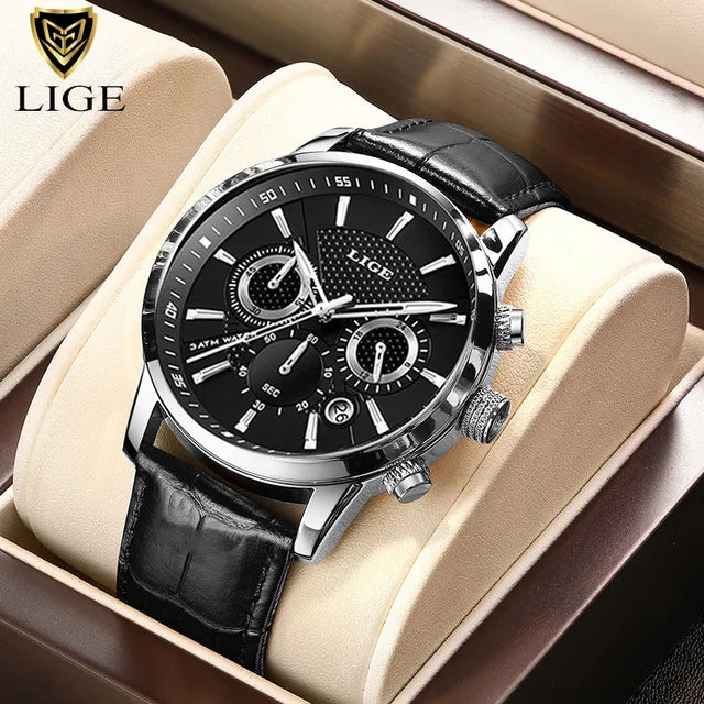 LIGE 2025 Men’s Luxury Leather Quartz Watch – Sport Waterproof Casual Wristwatch with Gift Box