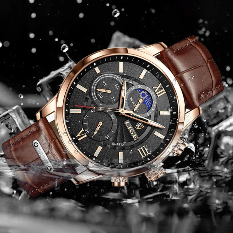 LIGE 2025 Men’s Luxury Leather Quartz Watch – Sport Waterproof Casual Wristwatch with Gift Box