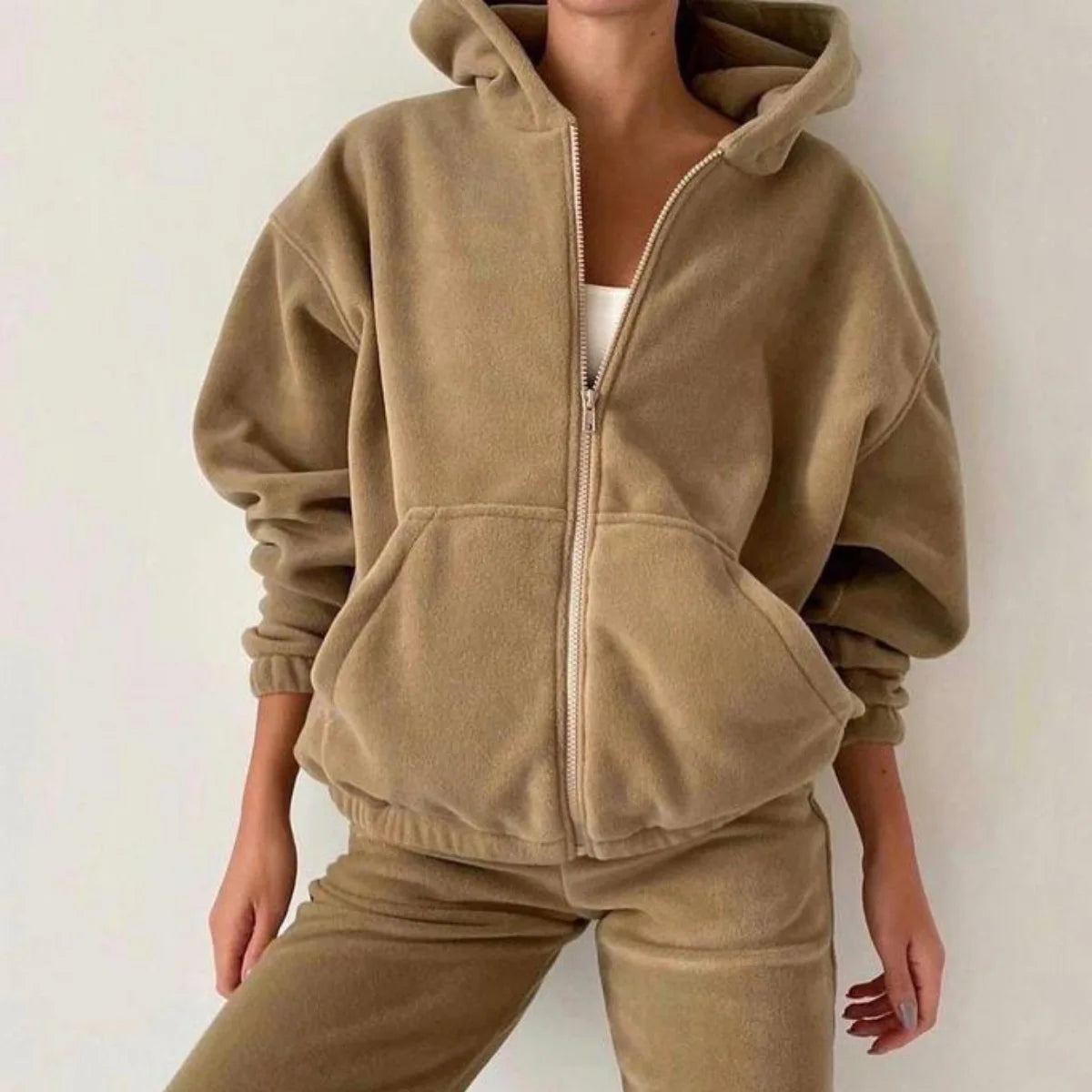 2025 Casual Women Fleece Hoodie Two-Piece Set – Hooded Zipper Outerwear & Harem Pants Suit | Winter Fashion Streetwear Tracksuit