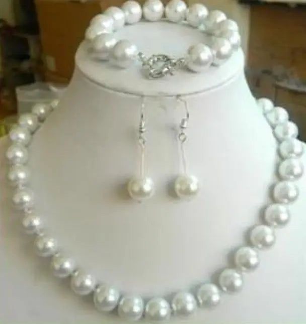 12mm White Sea Shell Pearl Jewelry Set – Necklace, Bracelet & Earrings with Natural Stone Beads for Women