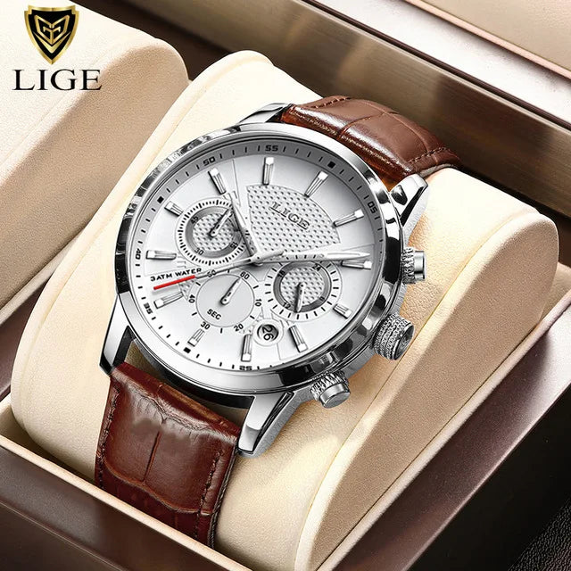 LIGE 2025 Men’s Luxury Leather Quartz Watch – Sport Waterproof Casual Wristwatch with Gift Box