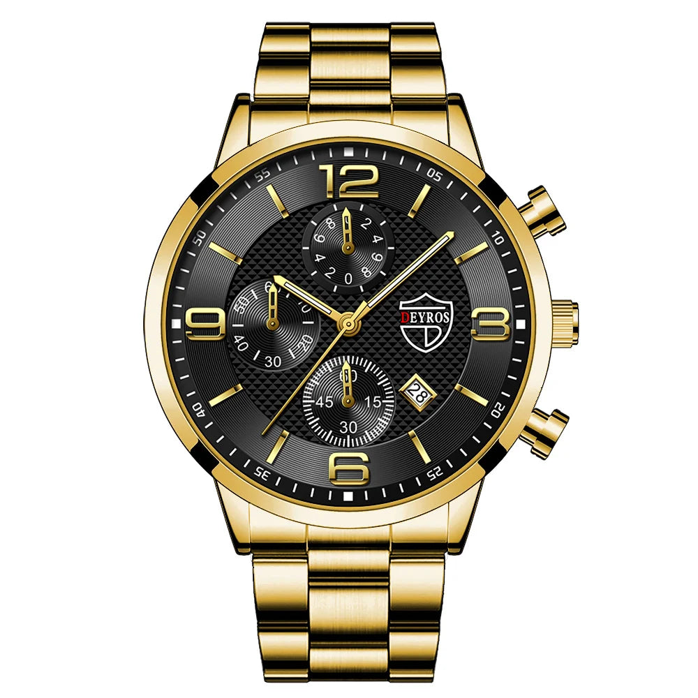 Luxury Business Men’s Watch – Stainless Steel & Leather Quartz Wristwatch with Calendar and Luminous Display