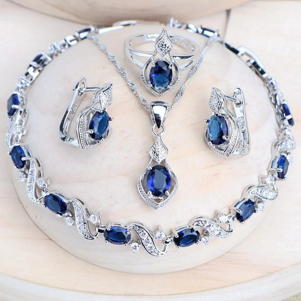 Women’s 925 Sterling Silver Blue Cubic Zirconia Bridal Jewelry Set – Wedding Earrings, Rings, Bracelet & Necklaceblue zirconia, sterling silver jewelry, bridal jewelry set, wedding accessories