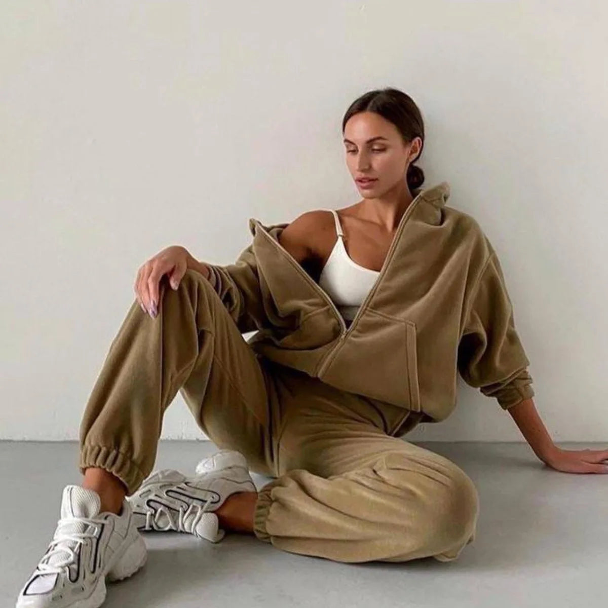 Women’s Casual Fleece Hoodie Set – Zipper Hooded Jacket & Harem Pants | Fall Winter Streetwear Tracksuit 2025