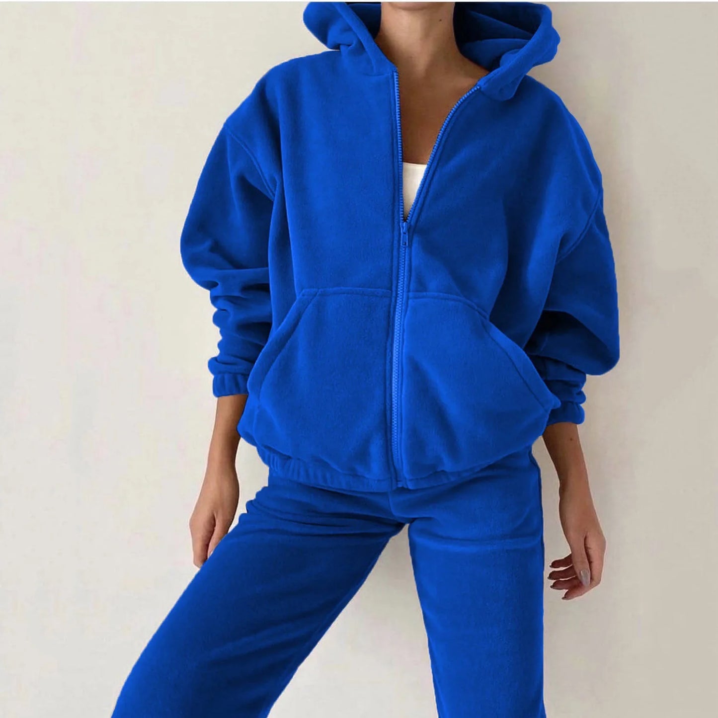 2025 Casual Women Fleece Hoodie Two-Piece Set – Hooded Zipper Outerwear & Harem Pants Suit | Winter Fashion Streetwear Tracksuit