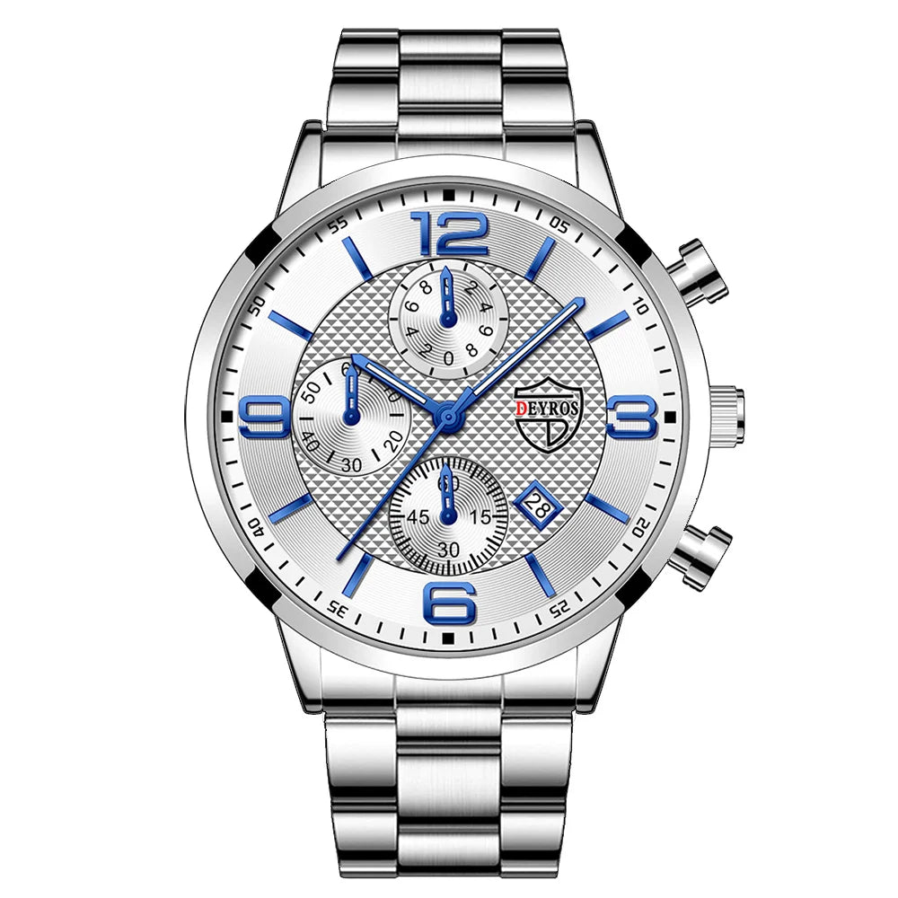 Luxury Business Men’s Watch – Stainless Steel & Leather Quartz Wristwatch with Calendar and Luminous Display
