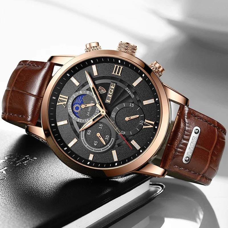 LIGE 2025 Men’s Luxury Leather Quartz Watch – Sport Waterproof Casual Wristwatch with Gift Box