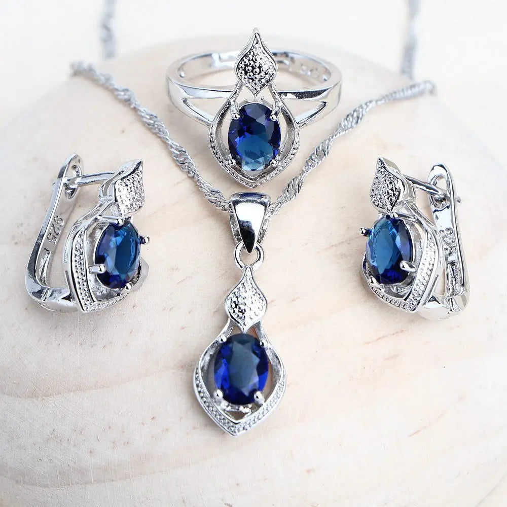 Women’s 925 Sterling Silver Blue Cubic Zirconia Bridal Jewelry Set – Wedding Earrings, Rings, Bracelet & Necklaceblue zirconia, sterling silver jewelry, bridal jewelry set, wedding accessories