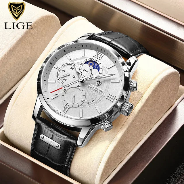 LIGE 2025 Men’s Luxury Leather Quartz Watch – Sport Waterproof Casual Wristwatch with Gift Box