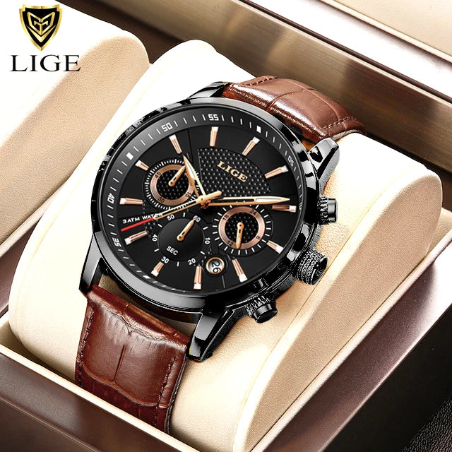 LIGE 2025 Men’s Luxury Leather Quartz Watch – Sport Waterproof Casual Wristwatch with Gift Box