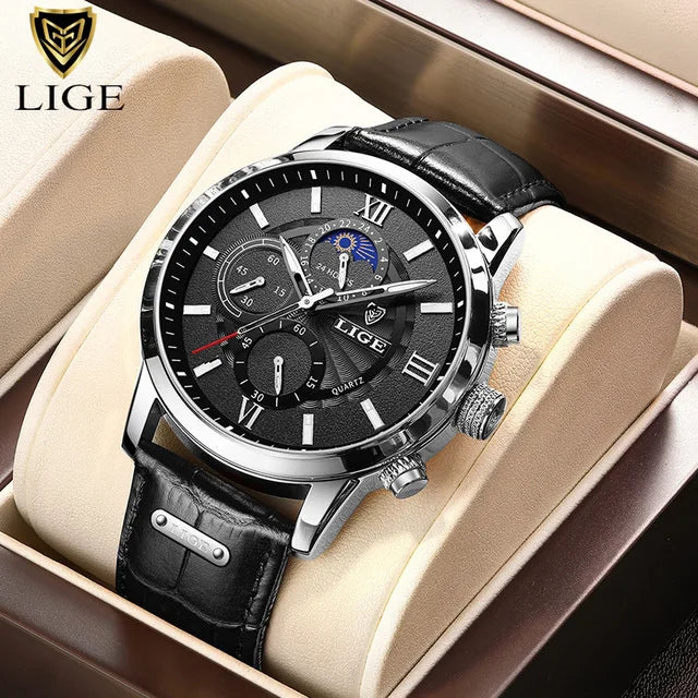 LIGE 2025 Men’s Luxury Leather Quartz Watch – Sport Waterproof Casual Wristwatch with Gift Box