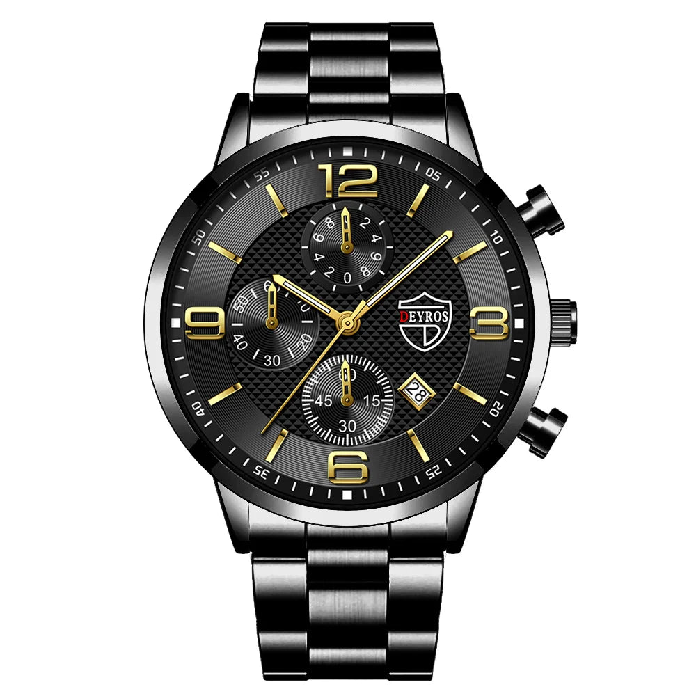 Luxury Business Men’s Watch – Stainless Steel & Leather Quartz Wristwatch with Calendar and Luminous Display