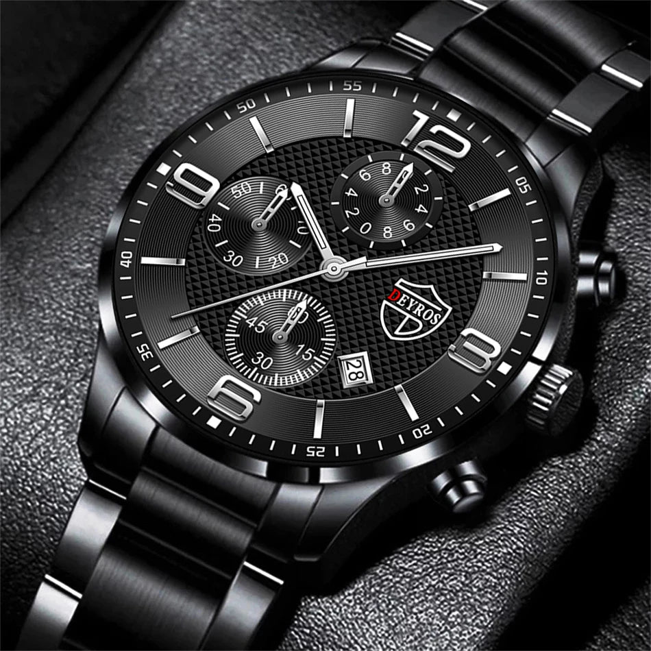 Luxury Business Men’s Watch – Stainless Steel & Leather Quartz Wristwatch with Calendar and Luminous Display