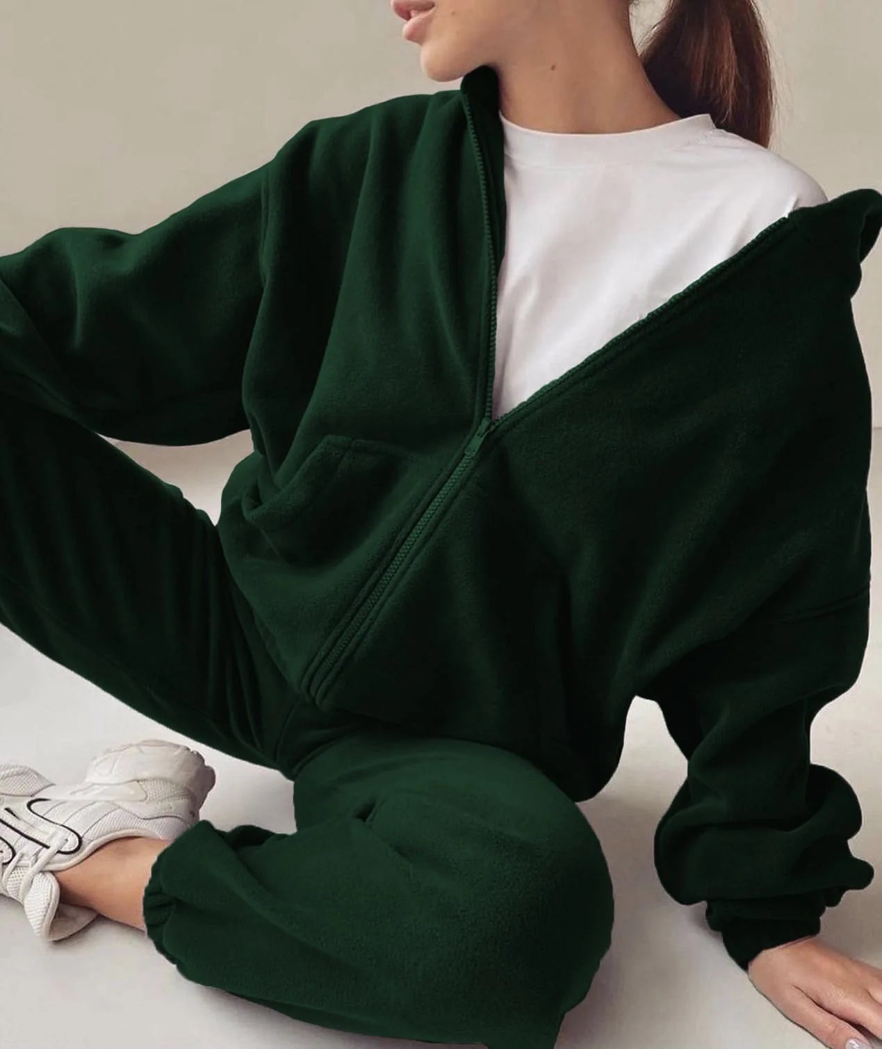 2025 Casual Women Fleece Hoodie Two-Piece Set – Hooded Zipper Outerwear & Harem Pants Suit | Winter Fashion Streetwear Tracksuit