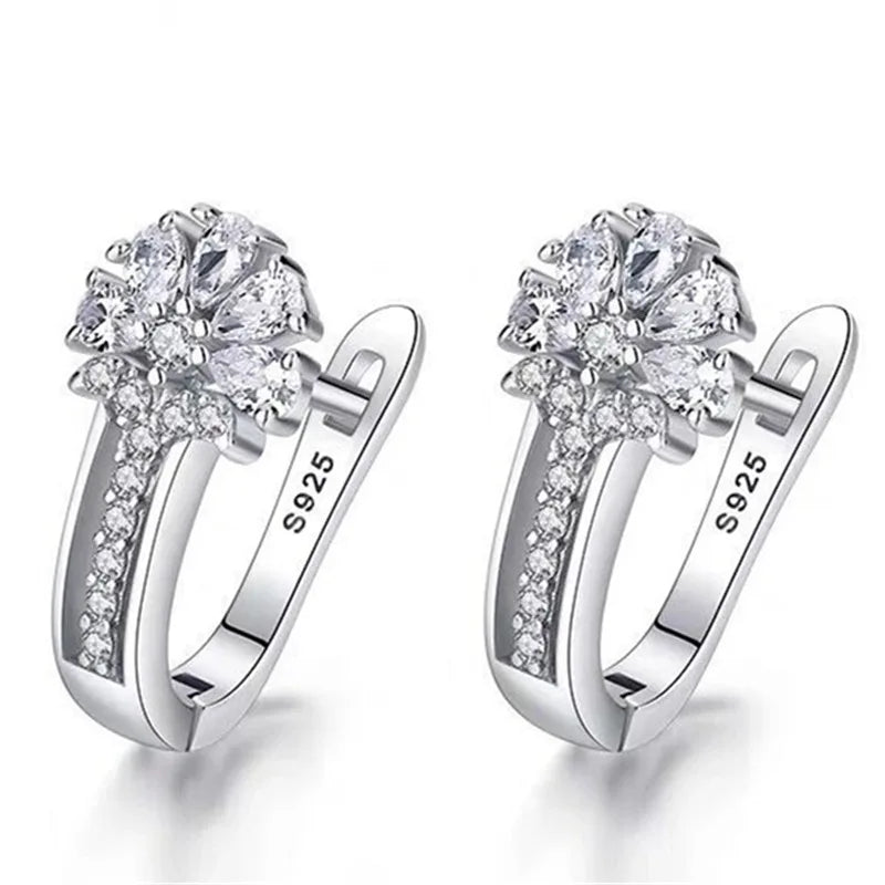 925 Sterling Silver Flower Earrings – Zircon Crystal Inlaid Fine Jewelry for Women, Engagement & Wedding Gift