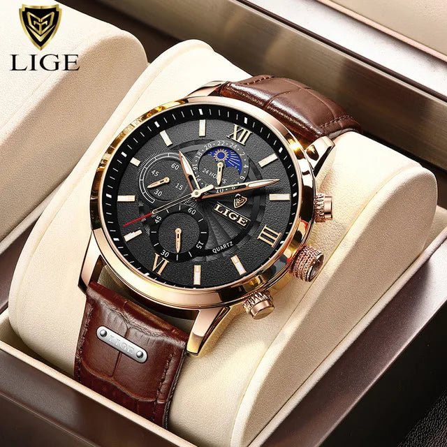 LIGE 2025 Men’s Luxury Leather Quartz Watch – Sport Waterproof Casual Wristwatch with Gift Box