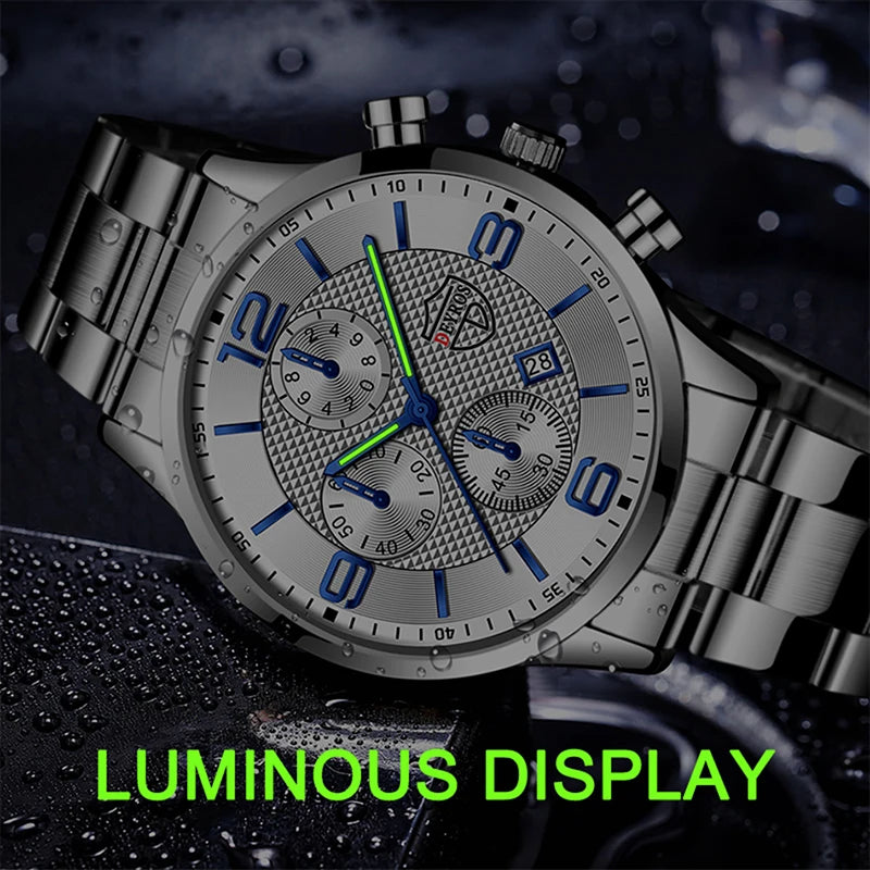 Luxury Business Men’s Watch – Stainless Steel & Leather Quartz Wristwatch with Calendar and Luminous Display