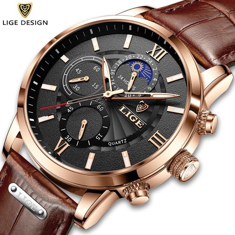 LIGE 2025 Men’s Luxury Leather Quartz Watch – Sport Waterproof Casual Wristwatch with Gift Box
