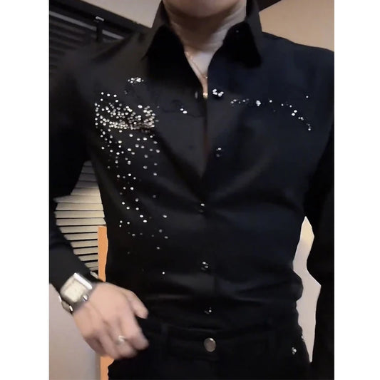 Spring Autumn Menβs Korean Fashion Rhinestone Button-Up Shirt