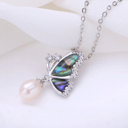 Natural Freshwater Pearl & Abalone Shell Butterfly Jewelry Set โ Necklace, Earrings & Ring for Wedding and Fine Fashion