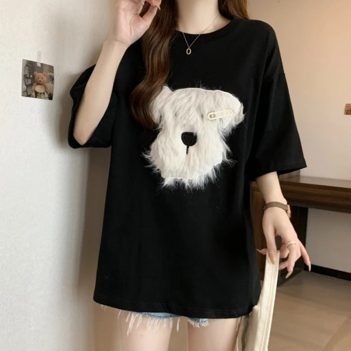 Cute 3D Plush Puppy Women’s T-Shirt – Summer Loose Cotton Half-Sleeve Top, Lazy Style Casual Tee