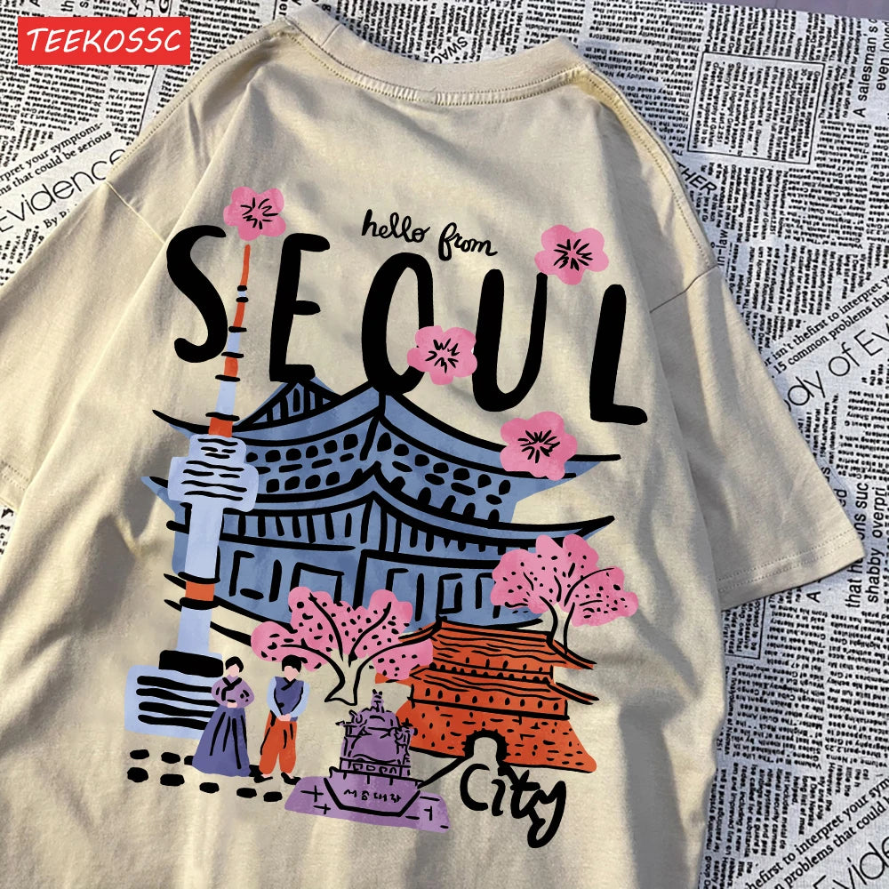 Women’s Casual Cotton T-Shirt – Seoul Scenery Printed Short Sleeve Oversize Tee | Breathable Summer TopWomen’s Clothing / Tops / T-Shirts