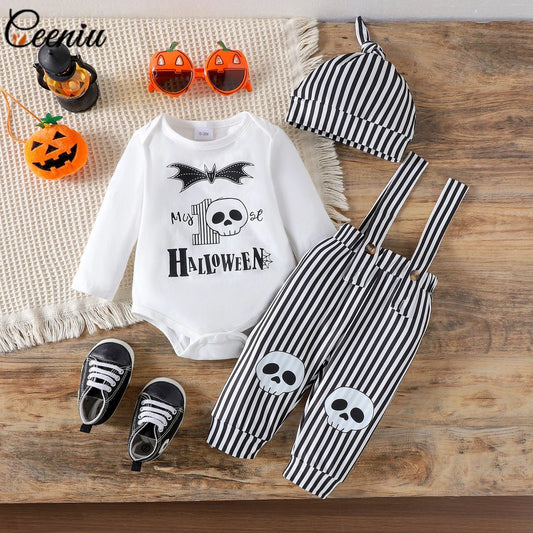 Ceeniu My First Halloween Baby Outfit – Boys Long Sleeve Letter Romper with Suspender Pants & Hat, Newborn Costume