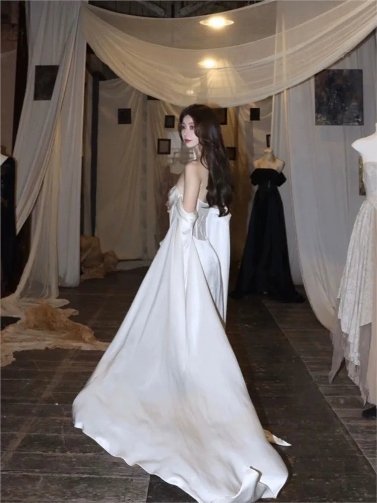 2025 Adult Ceremony Dress – Light Luxury White Satin Tube Top Gown for Toast & Special Occasions