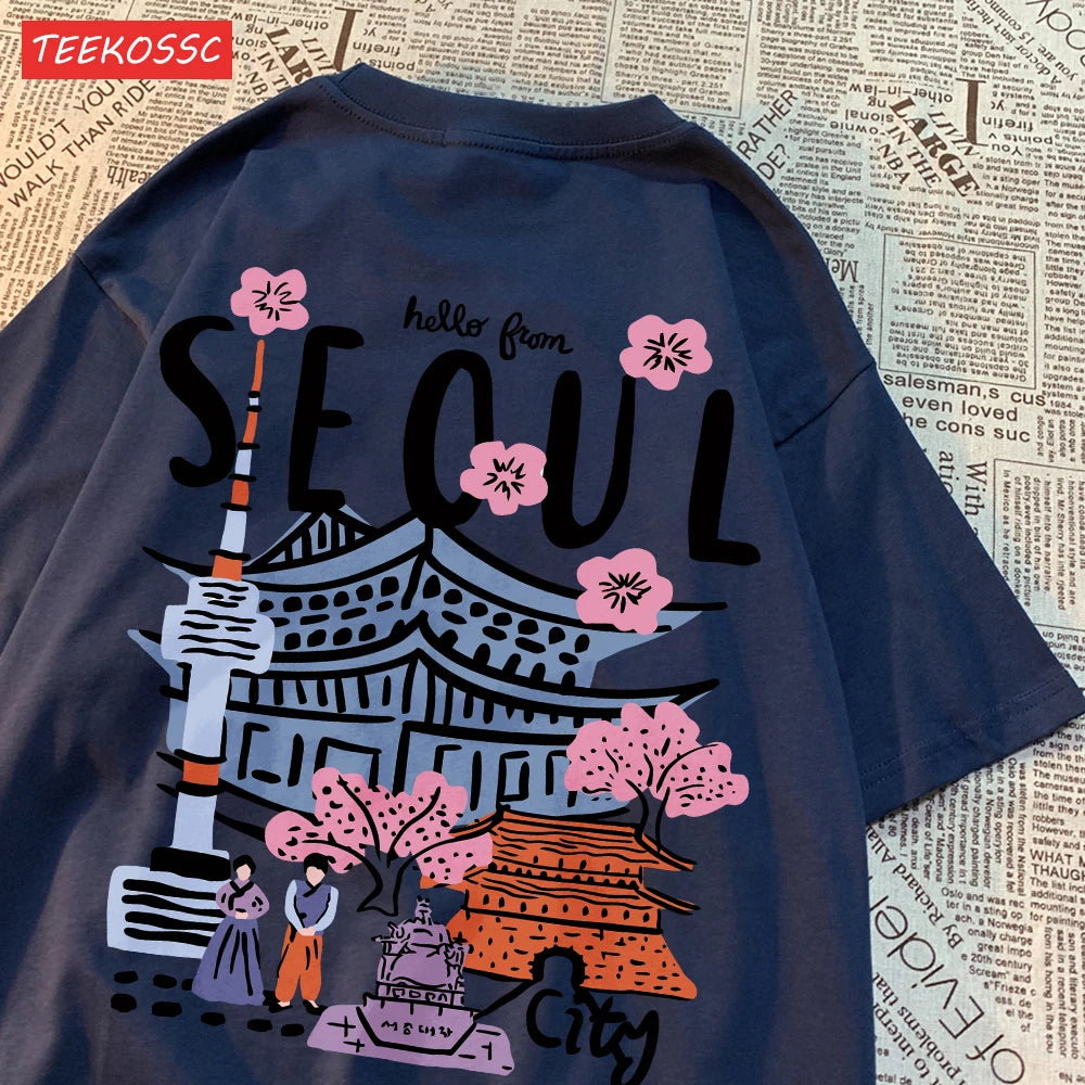 Women’s Casual Cotton T-Shirt – Seoul Scenery Printed Short Sleeve Oversize Tee | Breathable Summer TopWomen’s Clothing / Tops / T-Shirts
