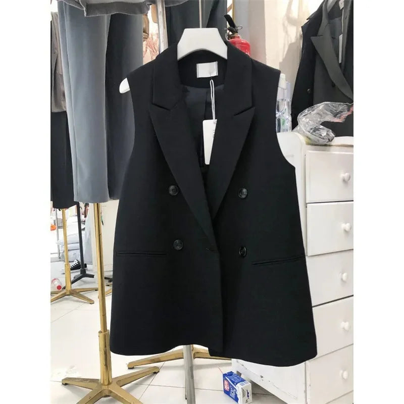 Women’s Sleeveless Black Blazer Vest – Peak Lapel Oversize Suit Coat | 2025 Elegant Korean OL Style Fashion Blazer