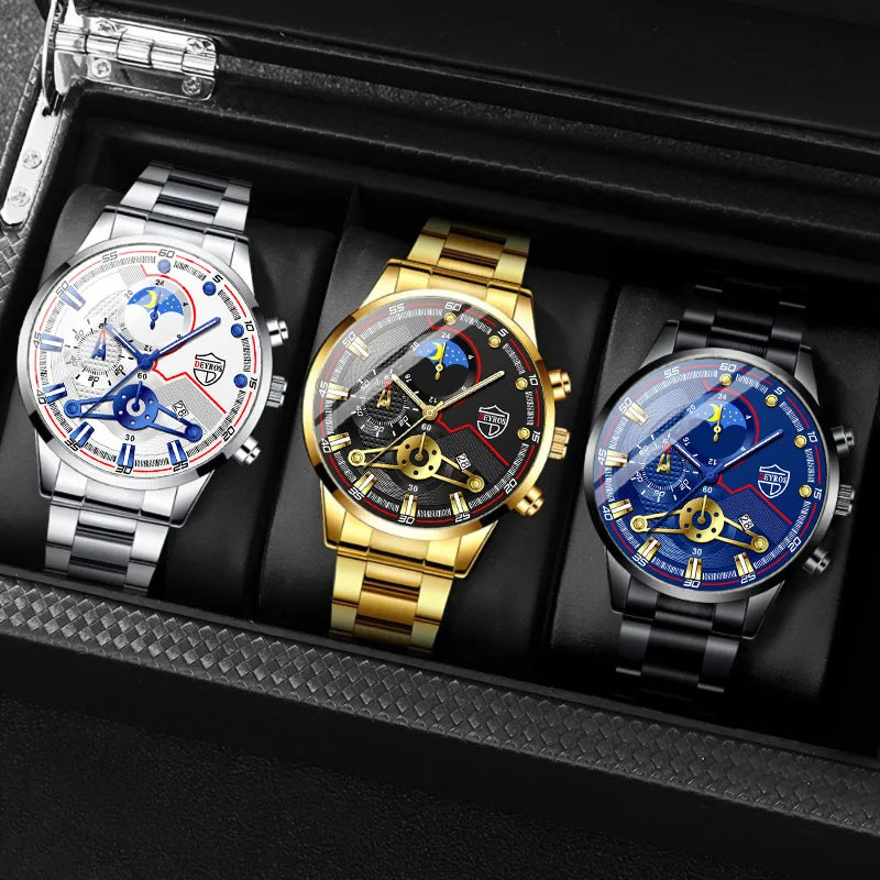 Men’s Luxury 3-Piece Stainless Steel Quartz Watch – Business & Sport Full Calendar Wristwatch