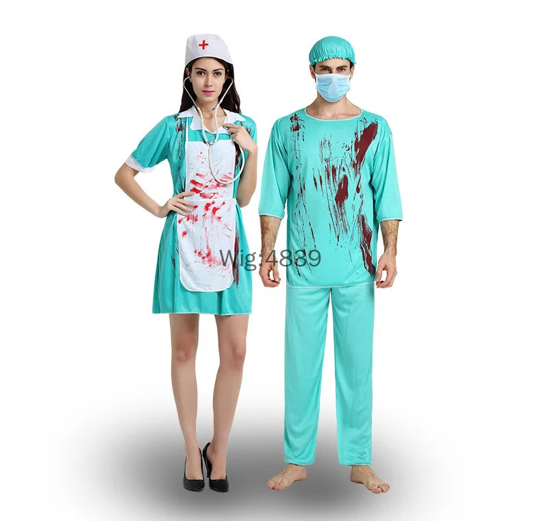 2025 Halloween Adult Cosplay Horror Costume – Bloody Doctor & Nurse Outfit for Men and Women, Masquerade Party Game Costume