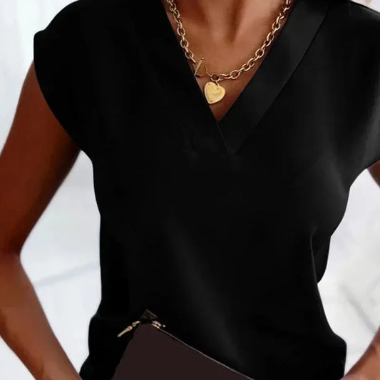 2025 Summer Women’s V-Neck Blouse – Elegant Office Lady Short Sleeve Casual Top