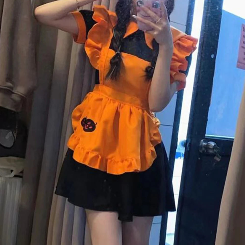 2025 Halloween Women’s Cosplay Costume – Anime Pumpkin Maid Embroidered Dress for Restaurant, Birthday & Party