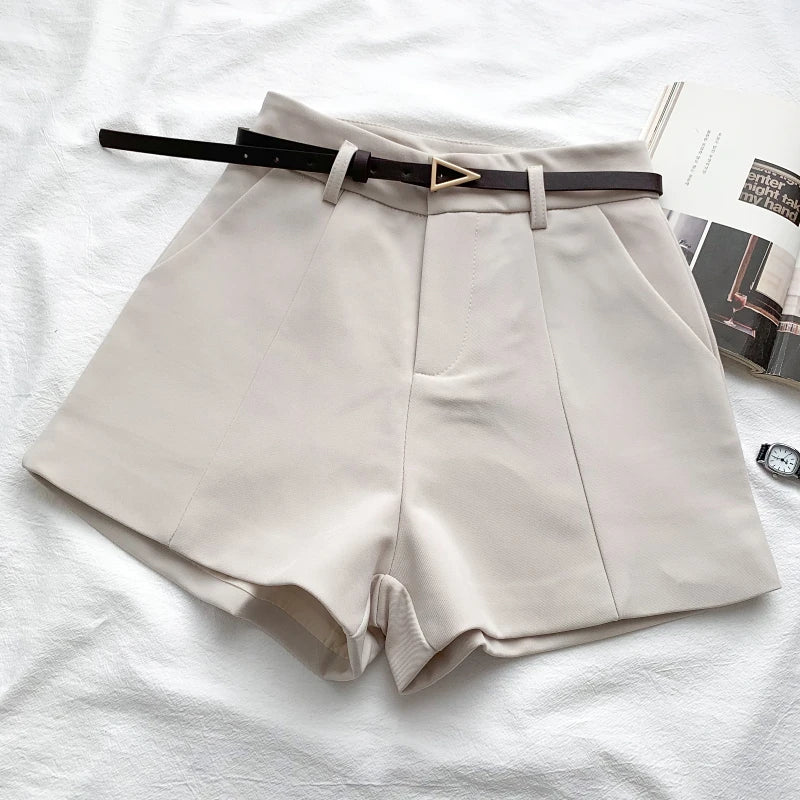 Women Casual A-line High Waist Shorts with Belt – Chic Office Lady Vintage Style Trousers for Spring & Summer